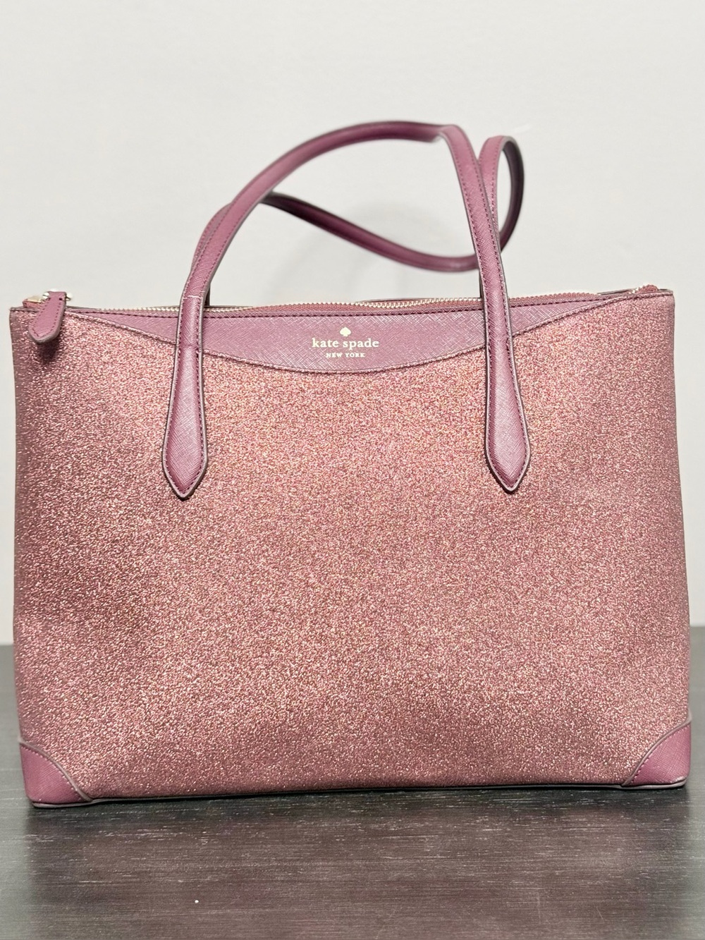 Kate Spade New York Burgundy Glitter Sparkle Large Zip Tote Shoulder Bag Y2K